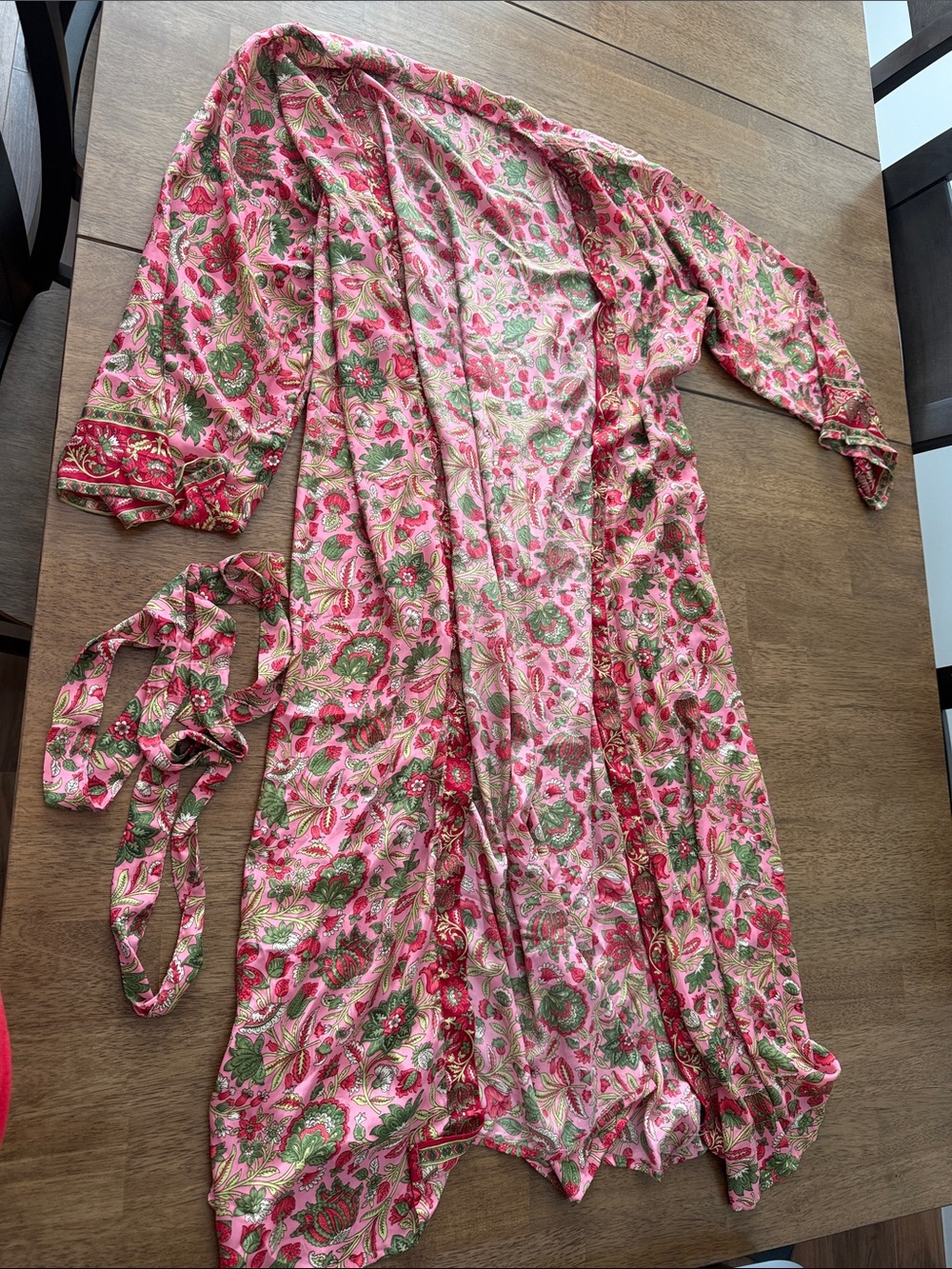 Pink Floral Satin Wrap Robe with Green Accents - Unbranded